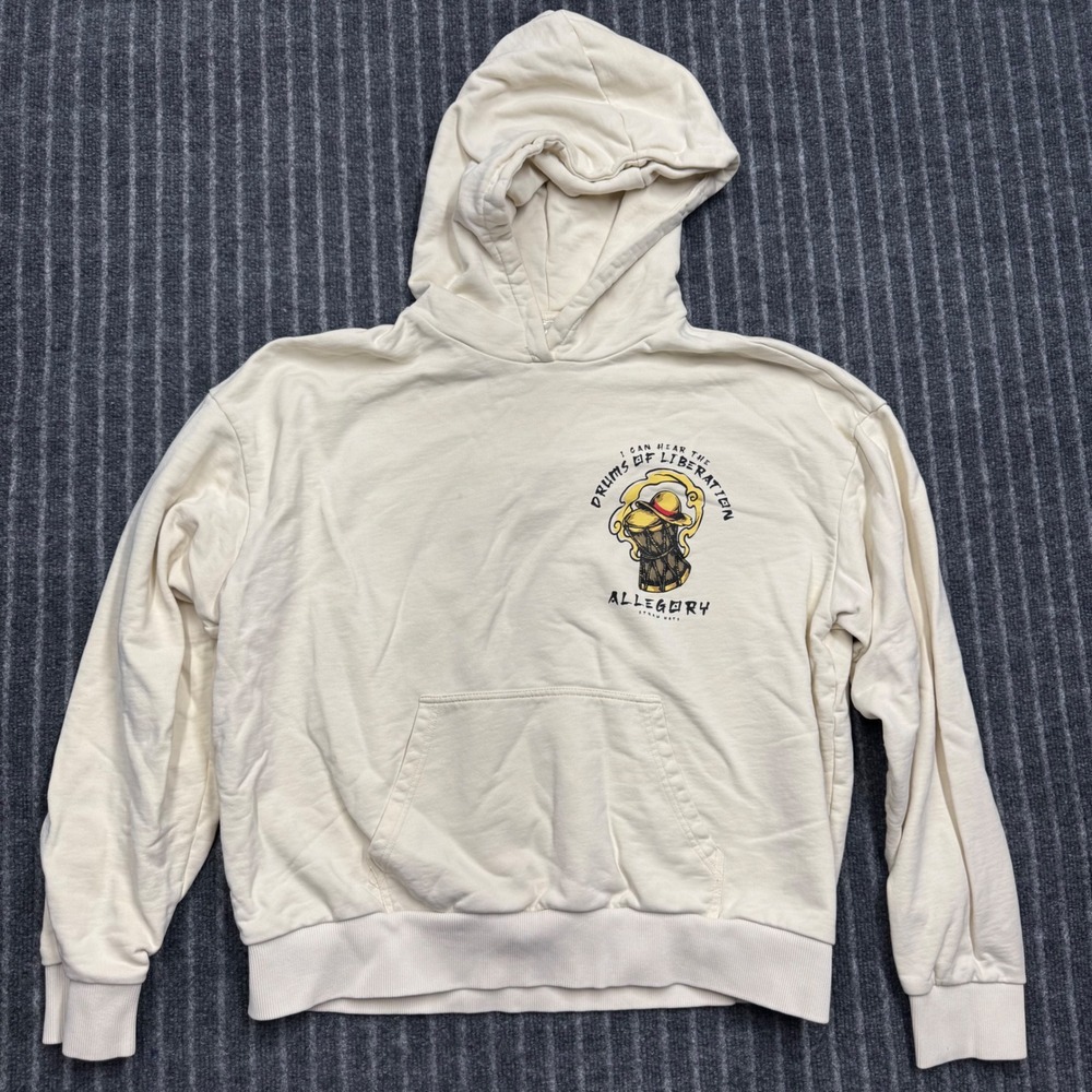 Allegory Mens Hoodie XL Cream Drums of Liberation Dragon Graphic (2674)